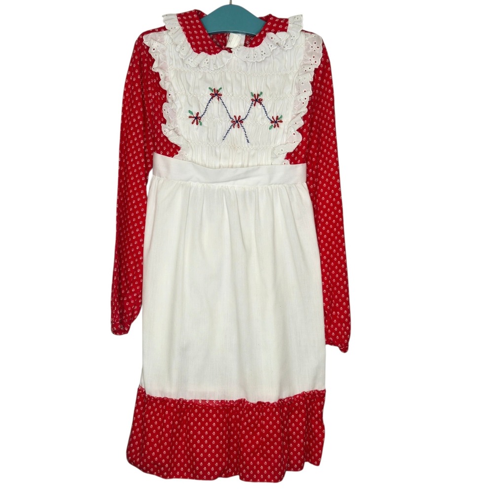 VTG Pioneer Girls Red Calico Prairie‎ Dress Hand Smocked Apron Eyelet Size 7